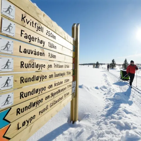 et skilt med en person på snøen